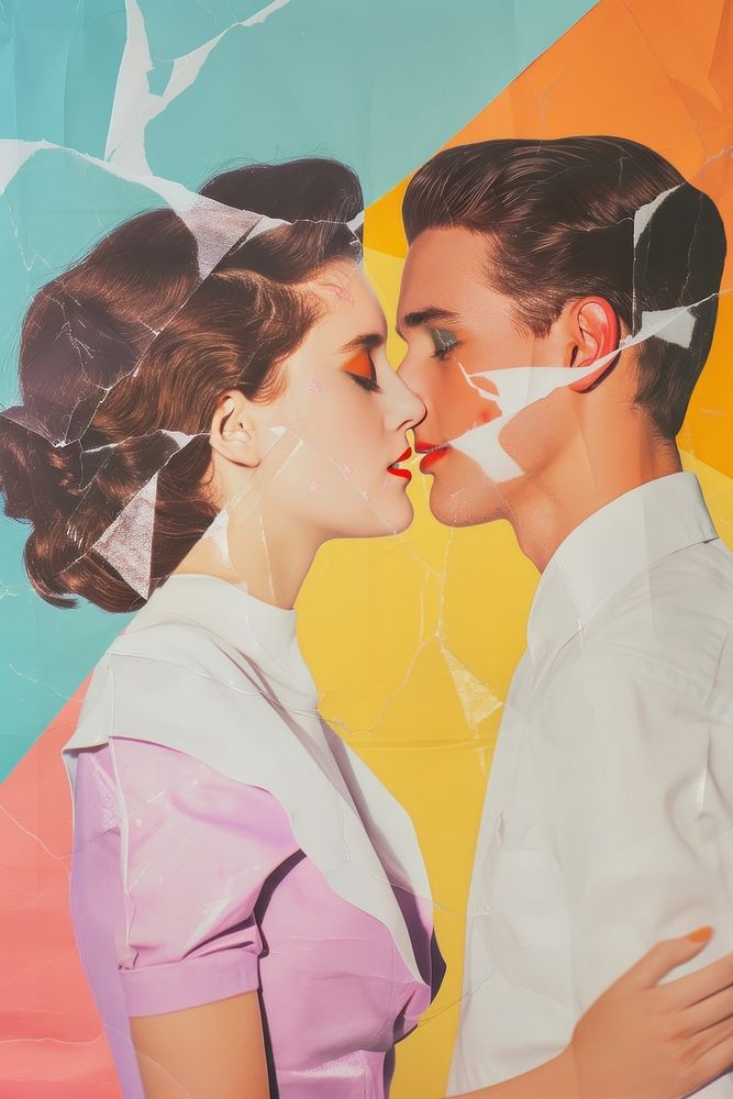 Retro collage of lover portrait kissing adult.