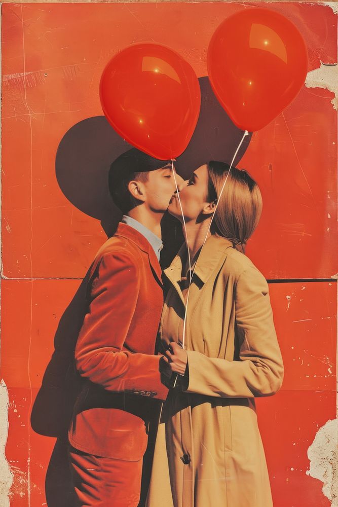 Retro collage of lover balloon kissing adult.