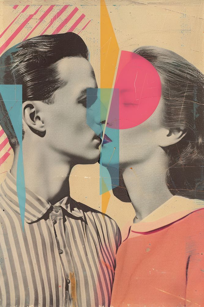 Retro collage of lover art painting kissing.