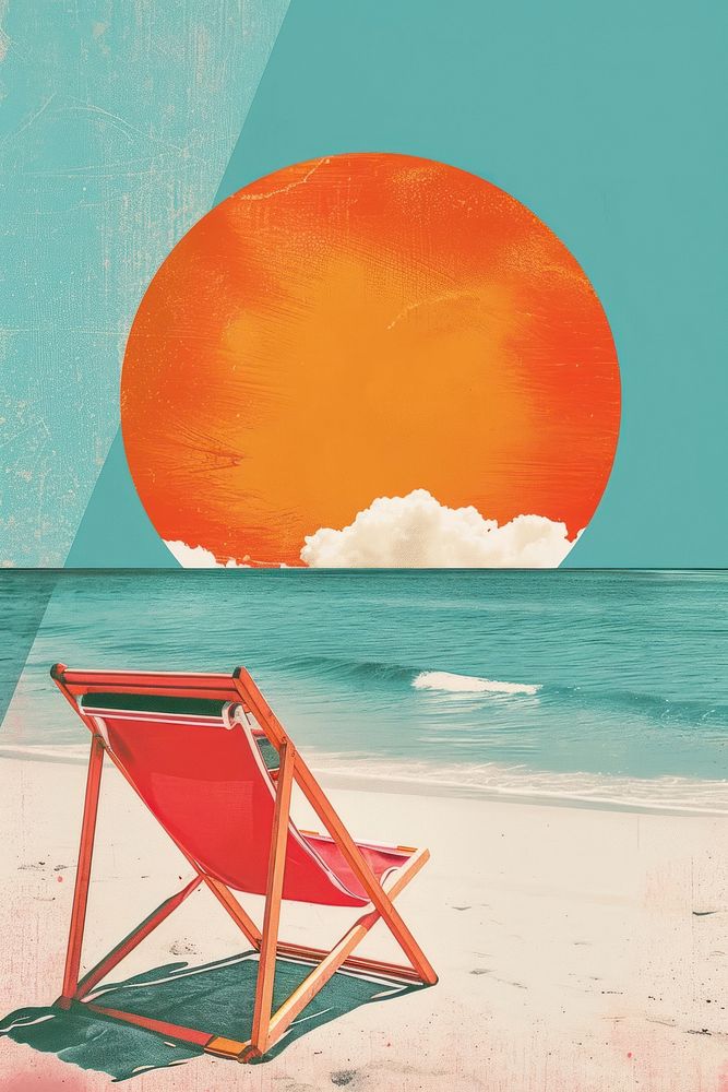 Retro collage of summer vibes beach sea furniture.