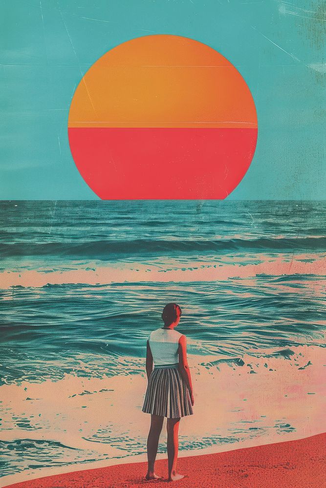 Retro collage of summer vibes beach sea standing.