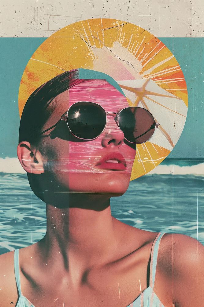 Retro collage of summer vibes art sunglasses swimwear.