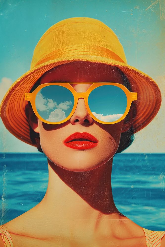 Retro collage of summer vibes sunglasses portrait beach.