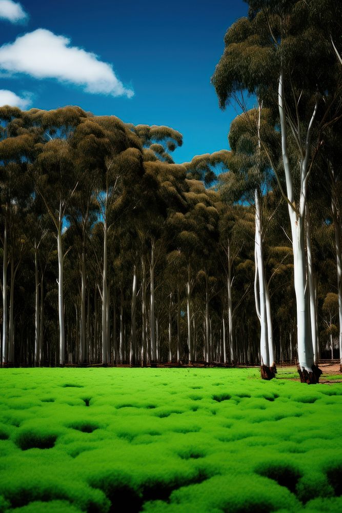 Photo of a eucalyptus forest landscape field green.
