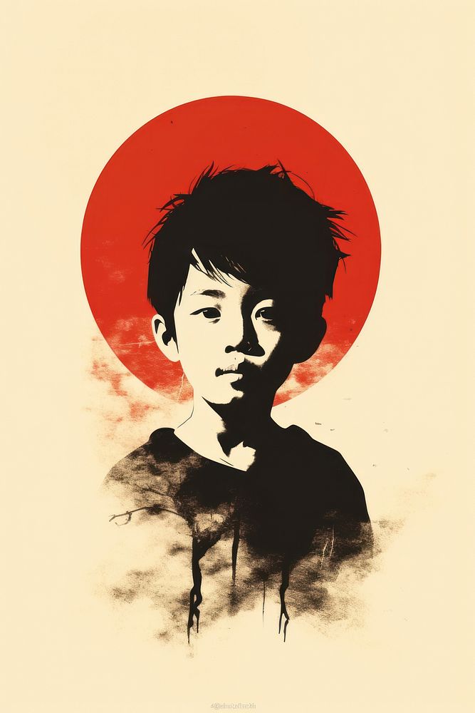 Silkscreen of asian boy silhouette art red.