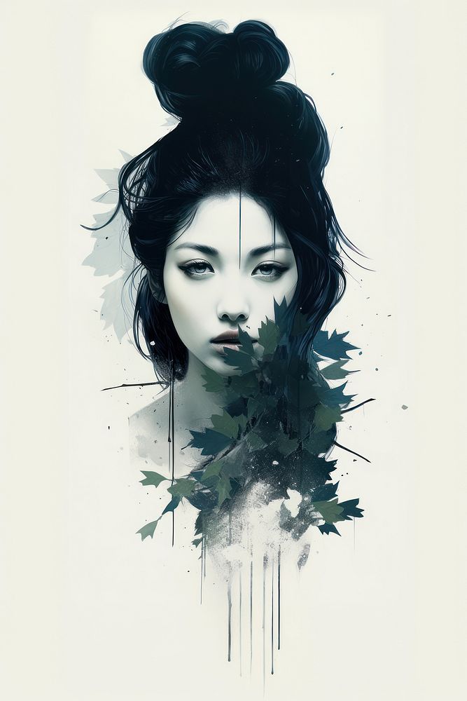 Silkscreen of asian girl art portrait drawing.