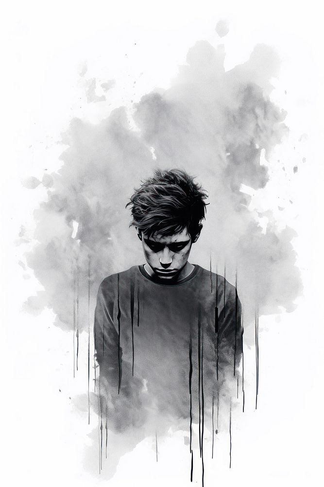 Silkscreen of sad boy portrait drawing sketch.