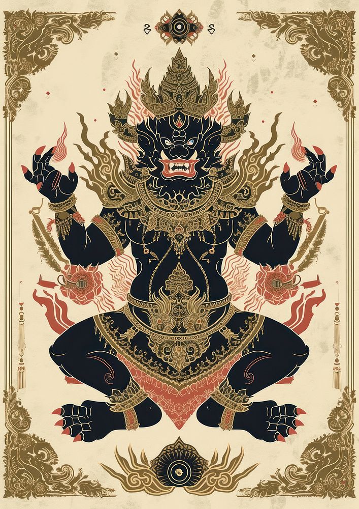 Thai traditional style tarot of a Rahu Omchan tapestry pattern art.