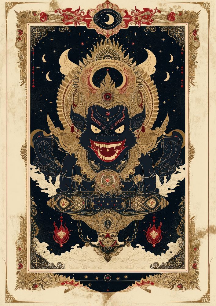 Thai traditional style tarot of a Rahu Omchan tapestry art representation.
