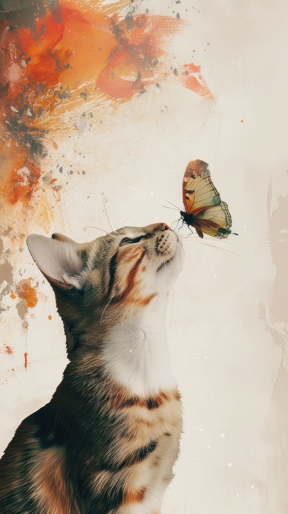 Cat with butterfly with acrylic brush animal mammal photo.