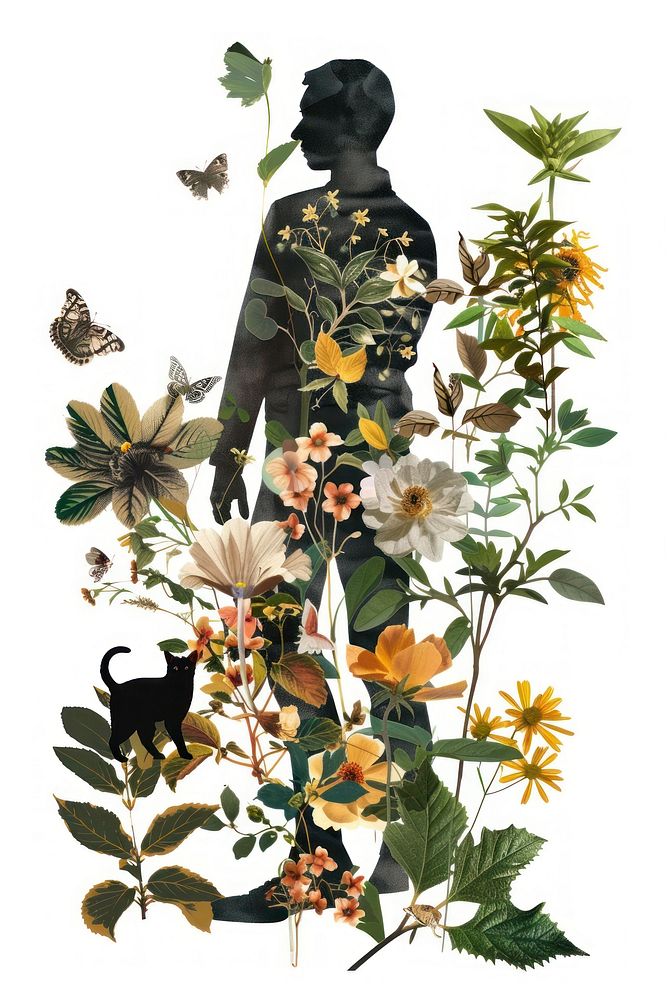 Man playing with a cat collage pattern flower.