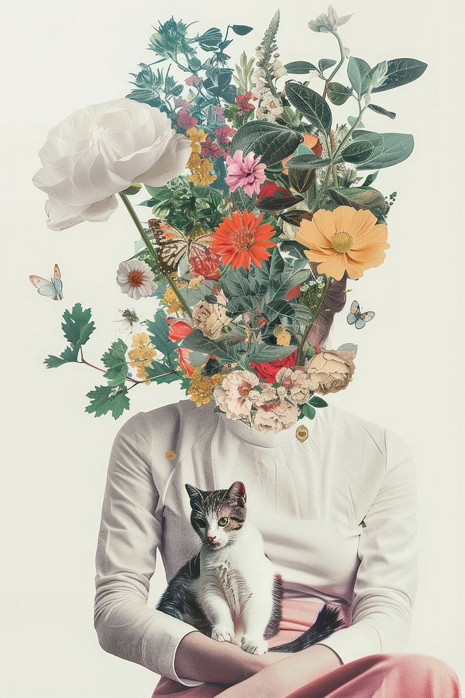 Woman playing with a cat pattern flower photography.