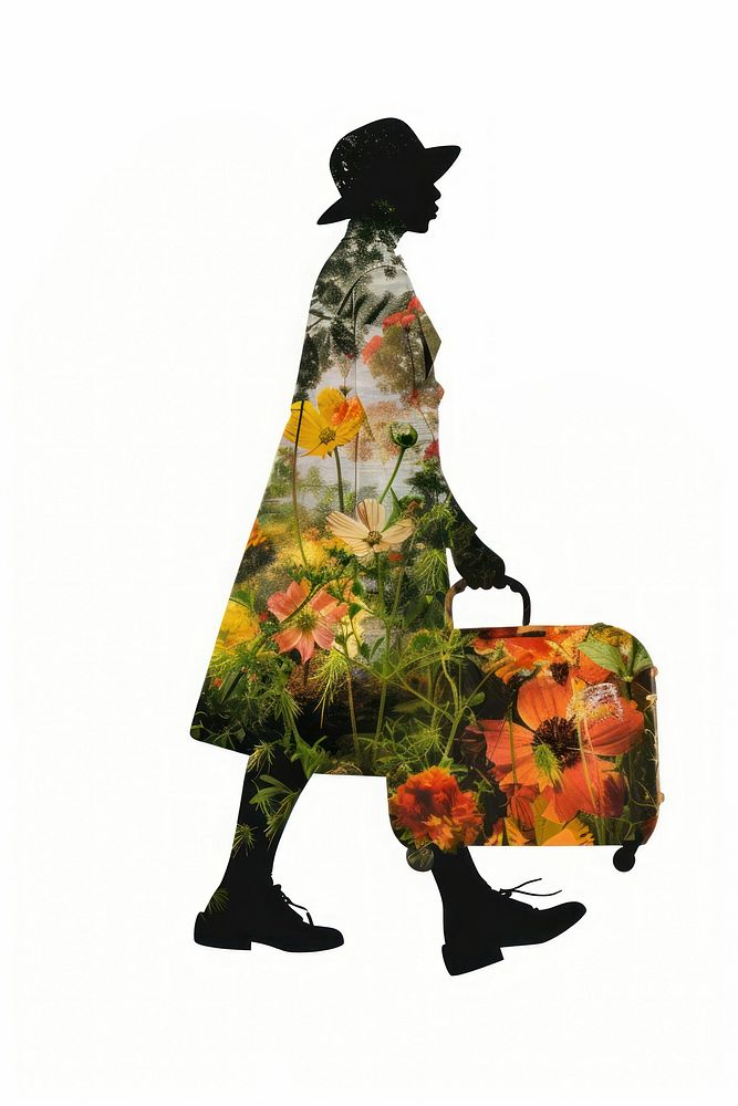 Tourist dragging a suitcase flower clothing apparel.
