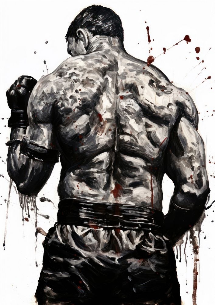 Kickboxing fighter standing guard pose painting back art.
