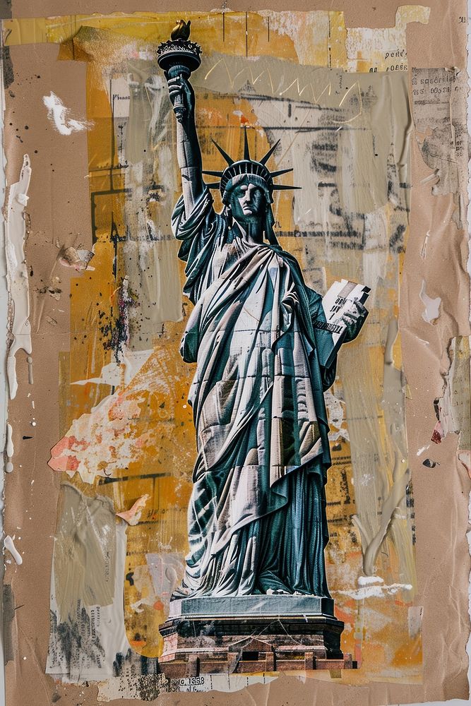 An acrylic stroke top with statue of liberty element overlay art sculpture painting.