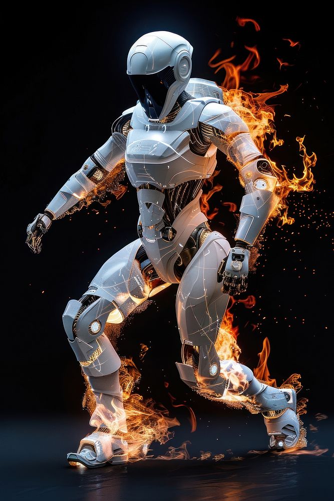 White robot fire flame clothing apparel person.