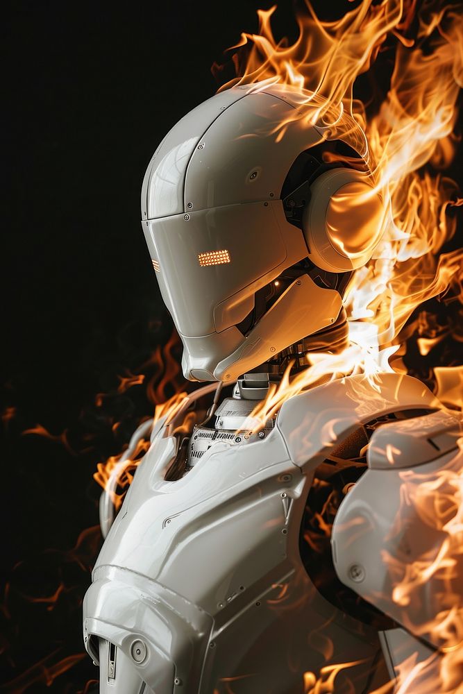 White robot fire flame bonfire helmet.