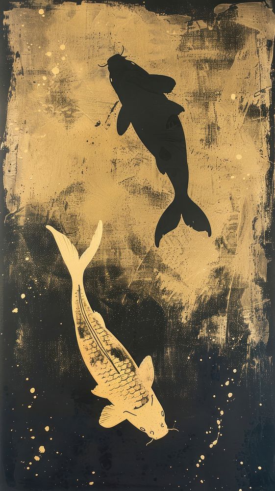 Silkscreen on paper of a 2 koi fish painting aquatic animal.