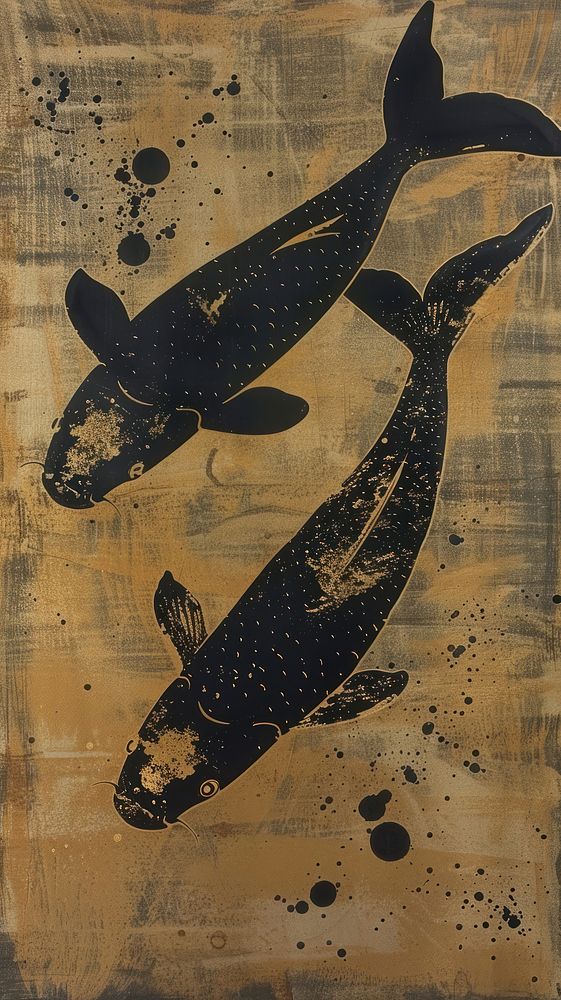 Silkscreen on paper of a 2 koi fish animal mammal whale.