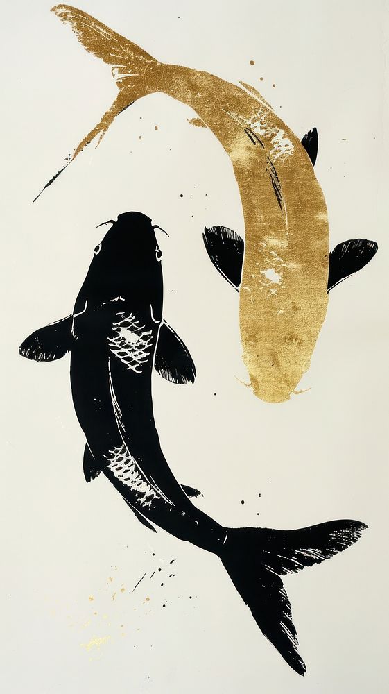 Silkscreen on paper of a 2 koi fish aquatic animal shark.