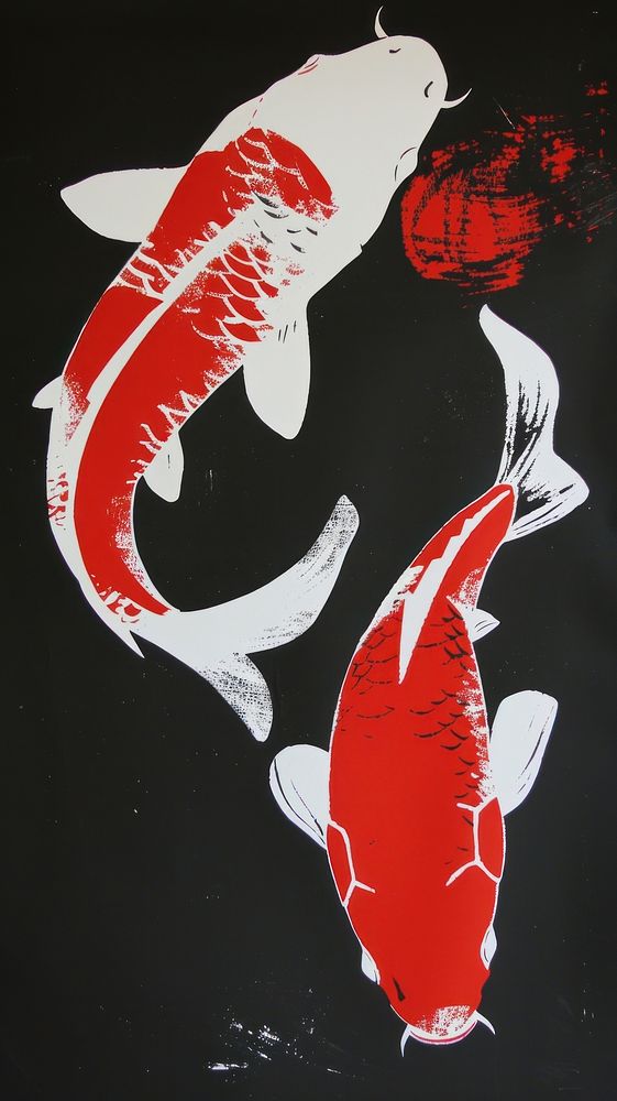 Silkscreen on paper of a 2 koi fish animal female person.