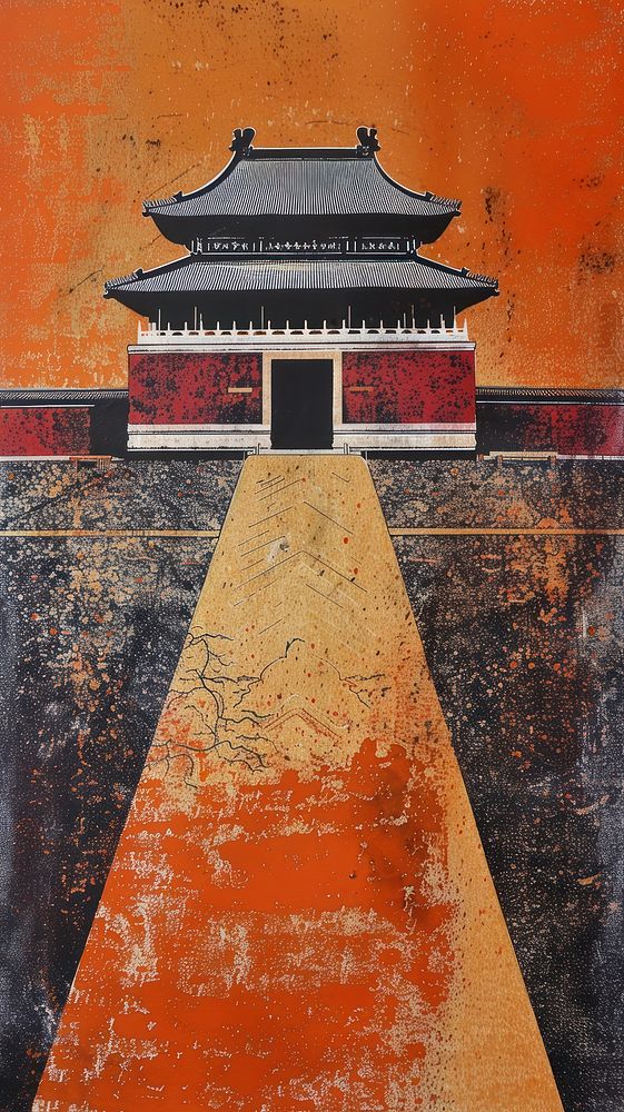 Silkscreen on paper of a Chinese temple landmark forbidden city.