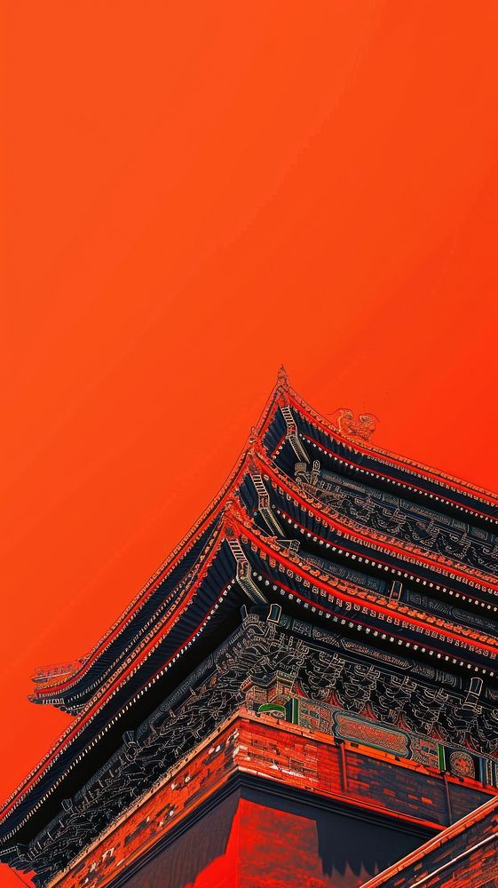 Silkscreen on paper of a Chinese temple red architecture building.
