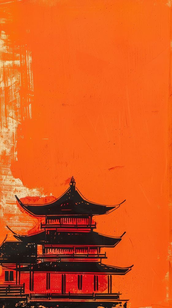 Silkscreen on paper of a Chinese temple architecture building landmark.