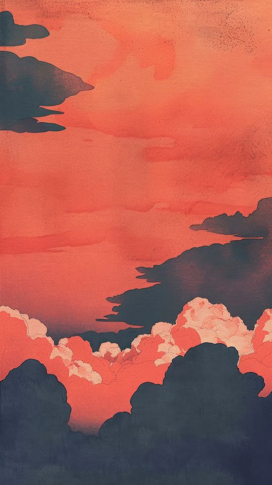 Silkscreen on paper of a Chinese clouds outdoors painting cumulus.