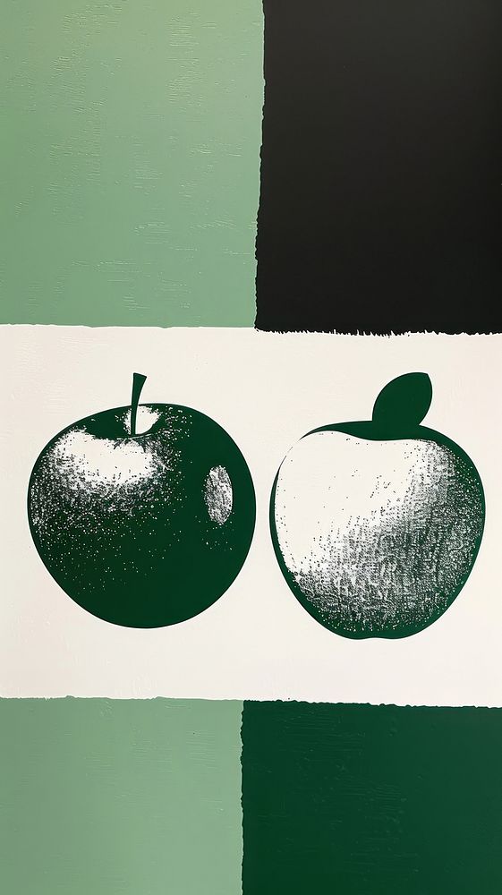 Silkscreen on paper of a apples produce fruit plant.