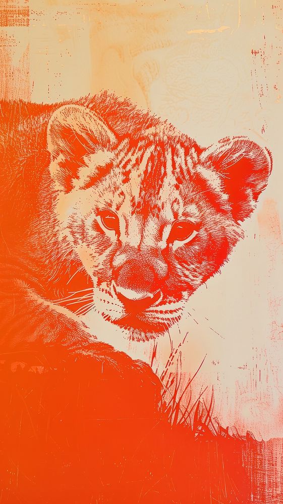 Silkscreen on paper of a baby lion cat painting animal.