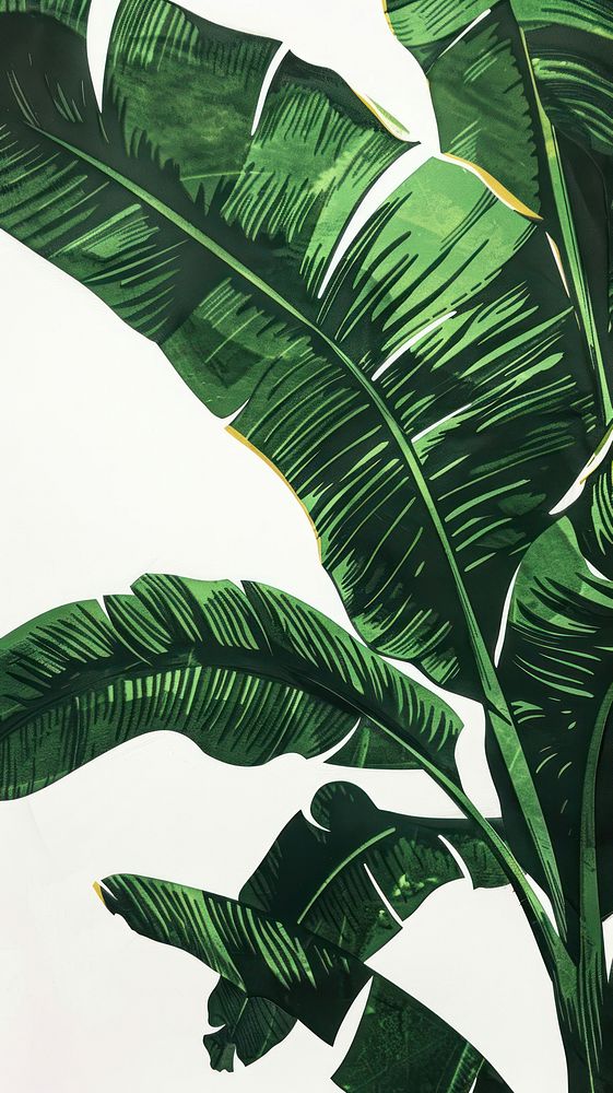 Silkscreen on paper of a banana leaves vegetation produce person.
