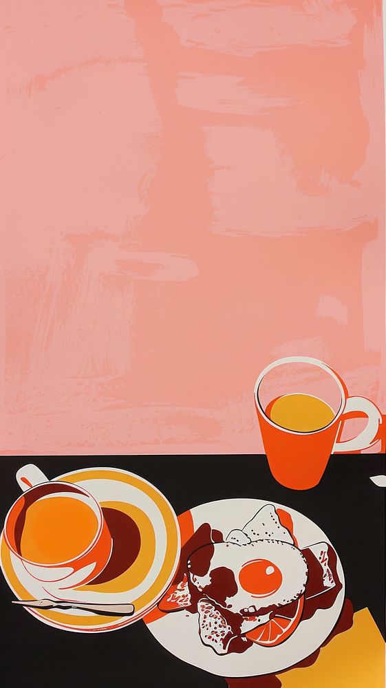 Silkscreen on paper of a breakfast painting beverage plate.
