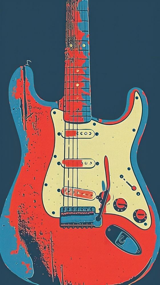 Silkscreen on paper of a guitar musical instrument electric guitar smoke pipe.