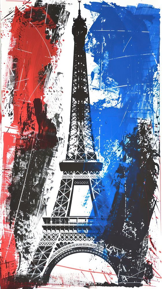 Silkscreen on paper of a Eiffel tower architecture painting building.