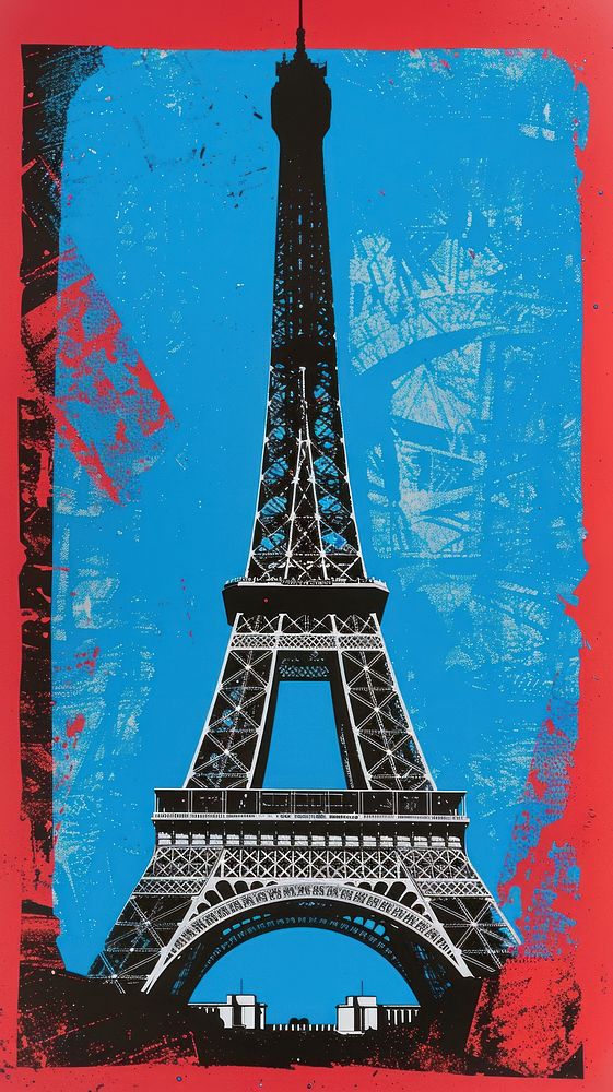 Silkscreen on paper of a Eiffel tower advertisement architecture building.
