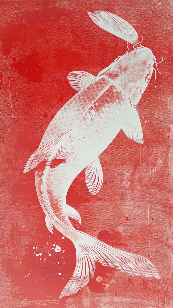 Silkscreen on paper of a koi fish aquatic animal water.