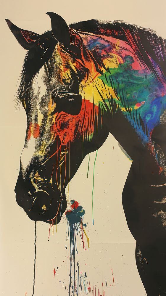 Silkscreen on paper of a horse graphics painting person.