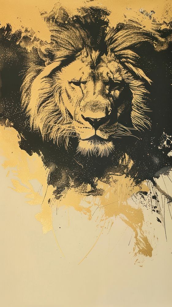 Silkscreen on paper of a lion wildlife painting animal.