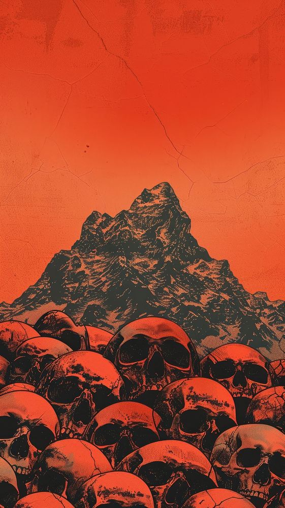 Silkscreen on paper of a mountain of skulls outdoors eruption scenery.