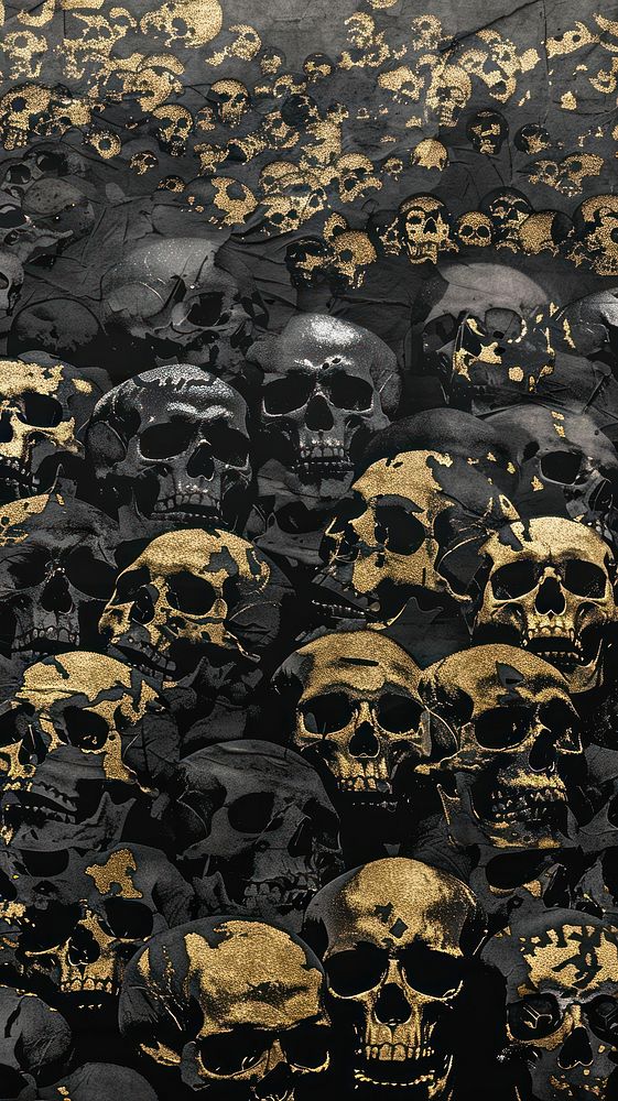 Silkscreen on paper of a mountain of skulls accessories accessory glasses.