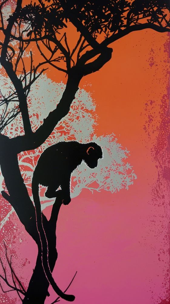 Silkscreen on paper of a monkey on tree backlighting silhouette person.