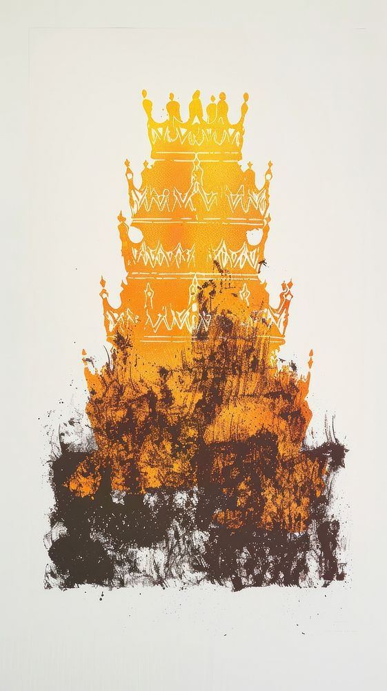 Silkscreen on paper of a stack of crowns fireplace bonfire indoors.