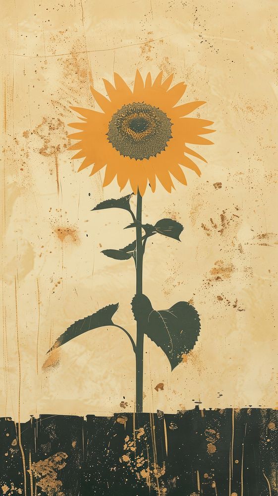 Silkscreen on paper of a sunflower painting blossom plant.
