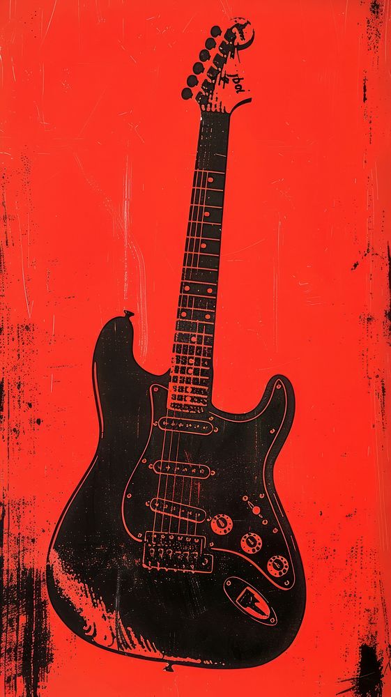 Silkscreen on paper of a rock guitar musical instrument.