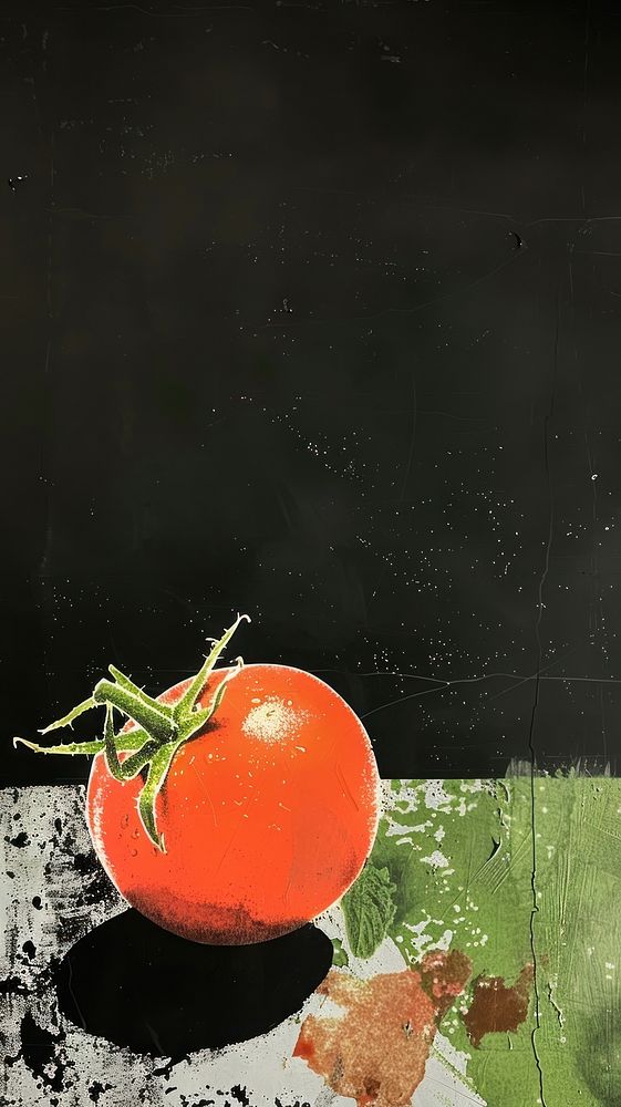 Silkscreen on paper of a tomatoes peeling produce person.