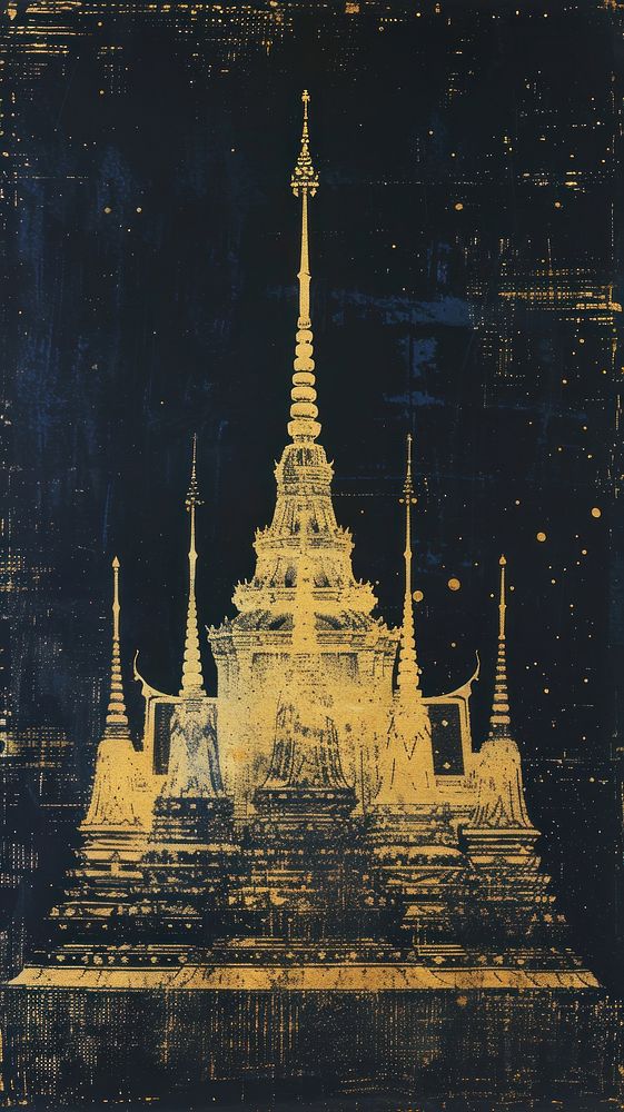Silkscreen on paper of a Thai temple architecture building fortress.