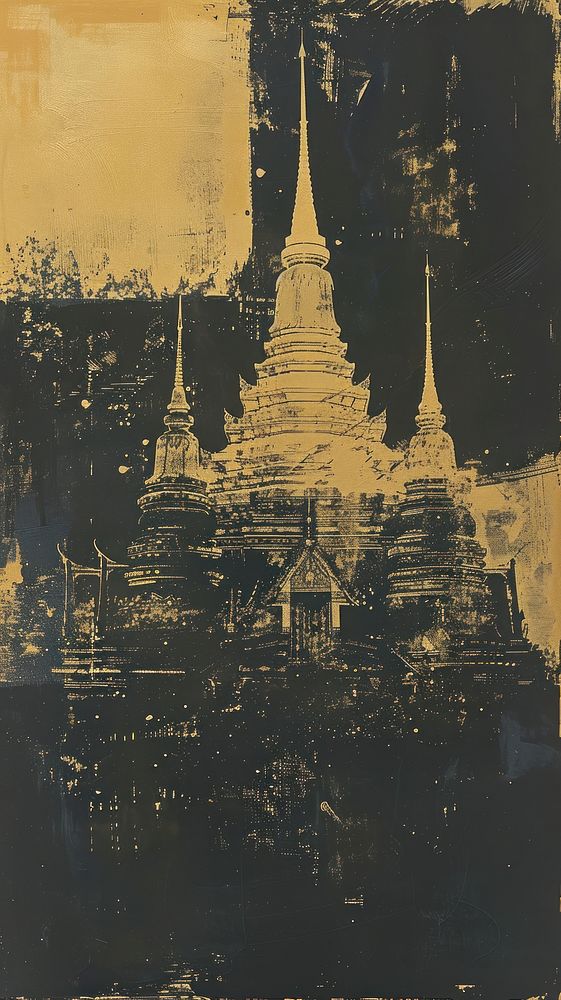 Silkscreen on paper of a Thai temple architecture building painting.