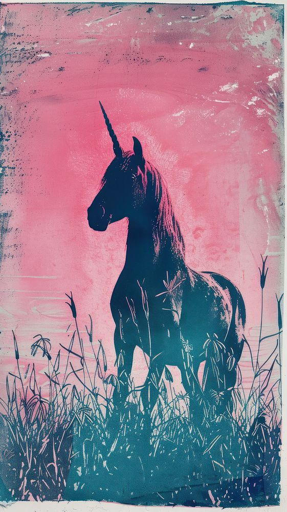 Silkscreen on paper of a unicorn in meadow silhouette painting animal.