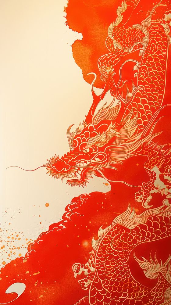 Silkscreen on paper of Chinese dragon graphics outdoors painting.